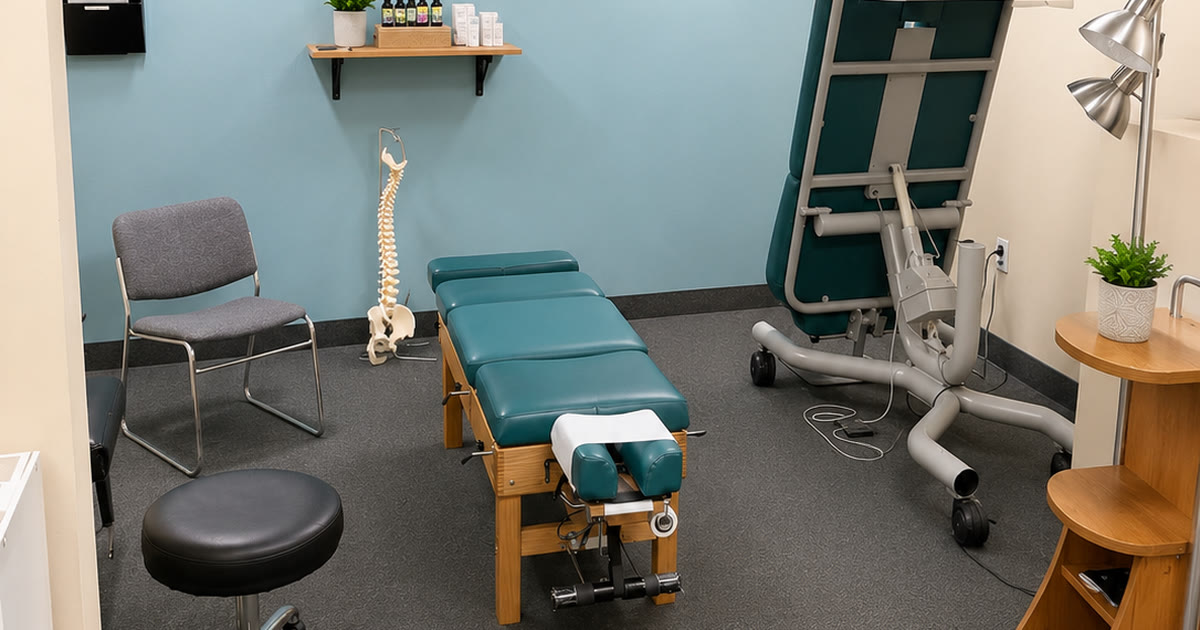 A chiropractic treatment room at Total Wellness Chiropractic in Bowie, MD, with an adjusting table, spine model, and drop table