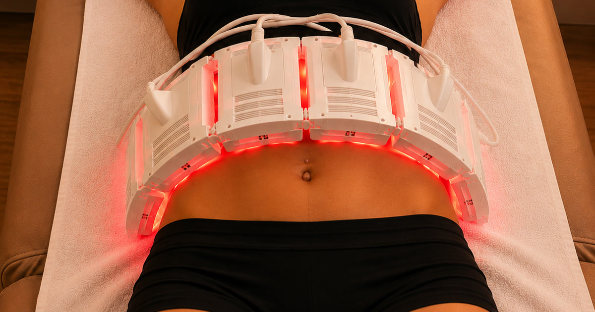 InvisaRED iR Elite pads secured in direct contact with a patient's midsection, illuminated red, during a body contouring session at Total Wellness Chiropractic in Bowie, MD
