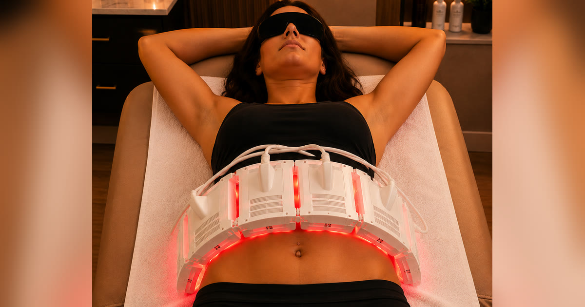 InvisaRED red light body contouring pads illuminated in place during a session at Total Wellness Chiropractic in Bowie, MD
