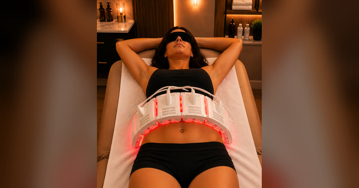 A person relaxing on a treatment table wearing protective eyewear while illuminated InvisaRED red light pads rest on the midsection during a non-surgical body contouring session